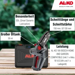 Alko Akku-Mini-Kettensäge CSM 1815 15 cm Schwertlänge Set