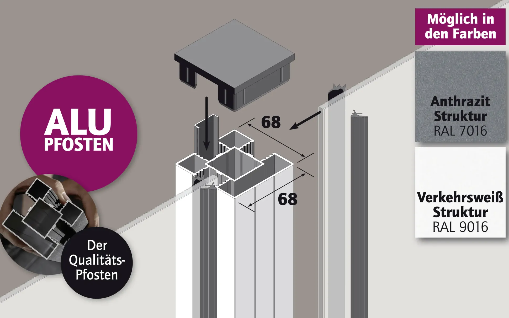 Ambiente Aluminium-Pfosten 187 cm, 68 x 68 mm, Anthrazit Struktur 7016