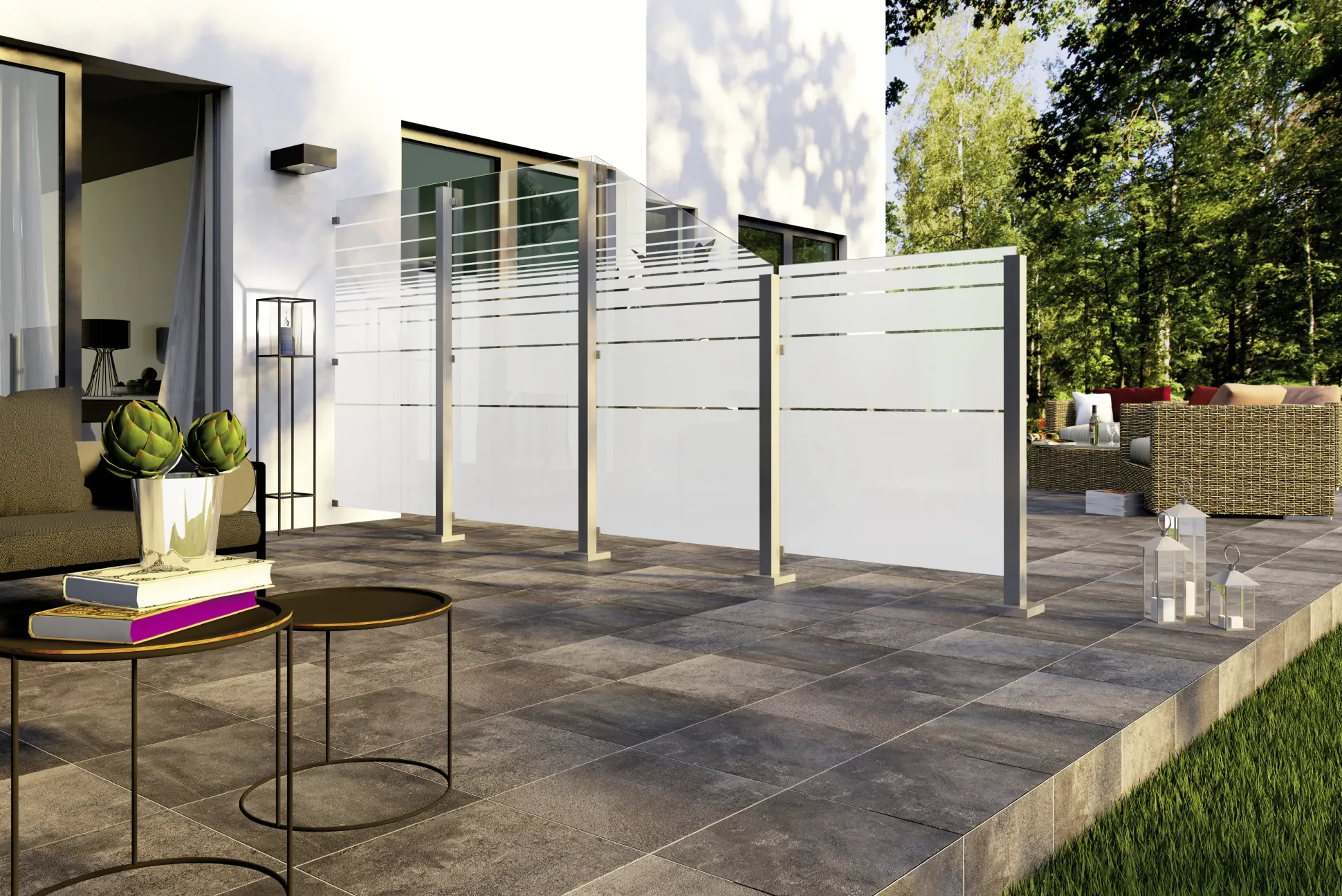 Ambiente Glaszaun Dekor 81 schräg 120 x 120/180 cm gehärtetes 8 mm Glas