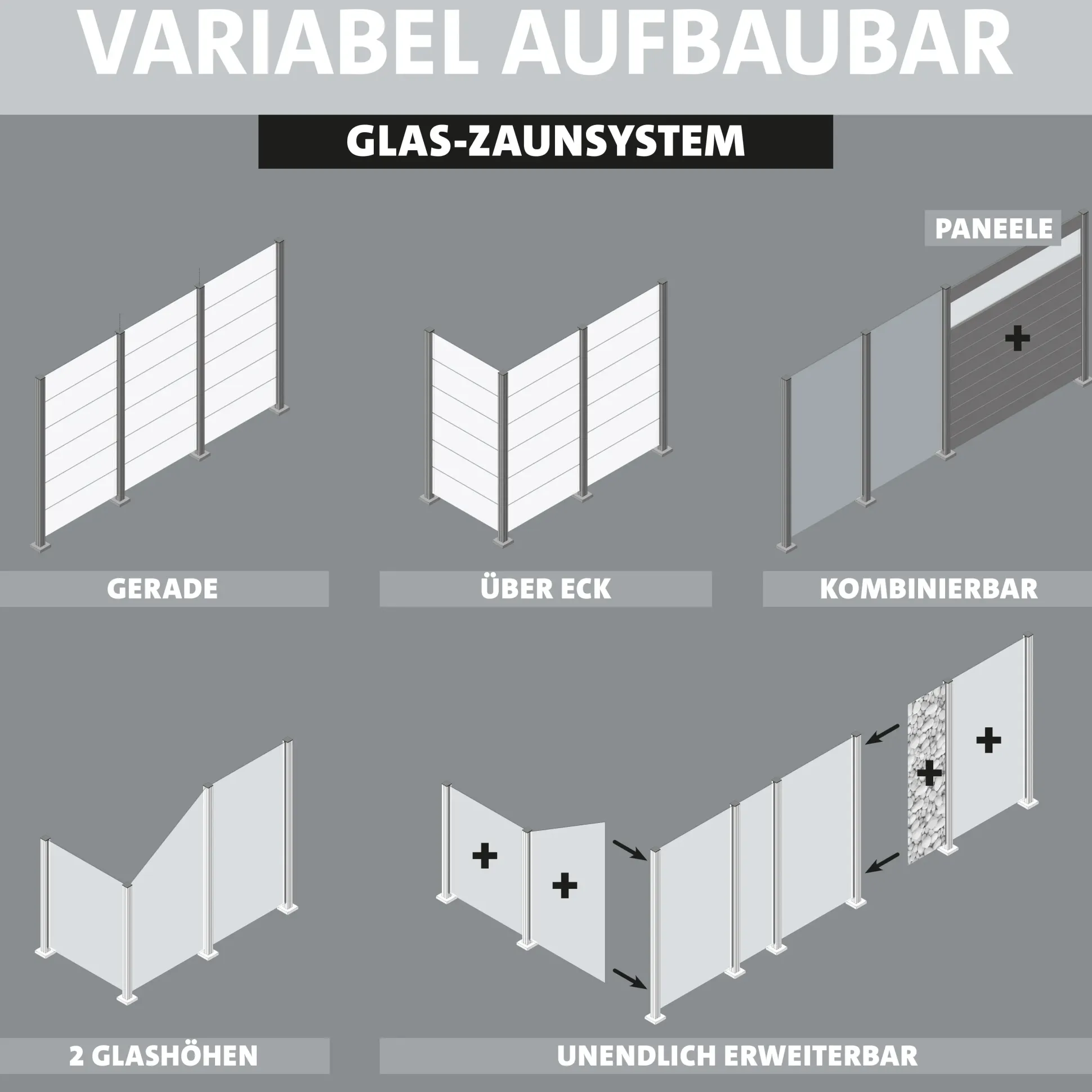 Ambiente Glaszaun Grundset Klarglas mit Siebdruck 187 x 107,2 cm grau
