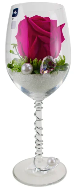 Arrangement Langzeitrose "Long Life", pink im Weinglas mit Deko