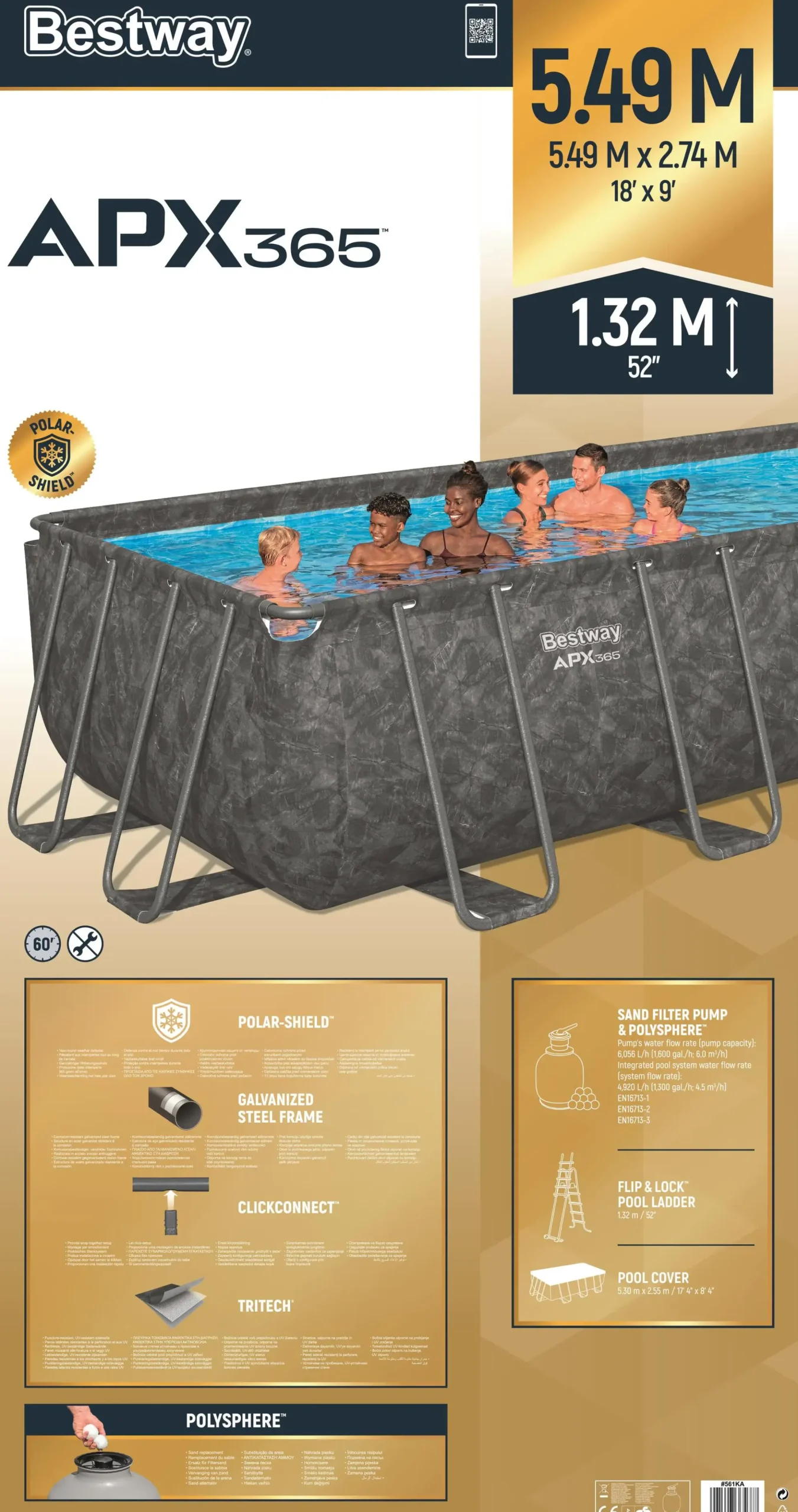 Bestway Winterfestes Frame Pool APX365 Komplett-Set mit Sandfilteranlage 549 x 274 x 132 cm marmor-optik eckig
