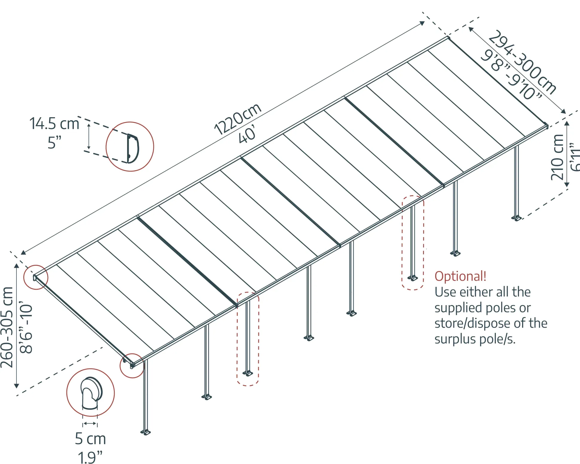 Canopia Terrassendach 1220 x 300 cm grau