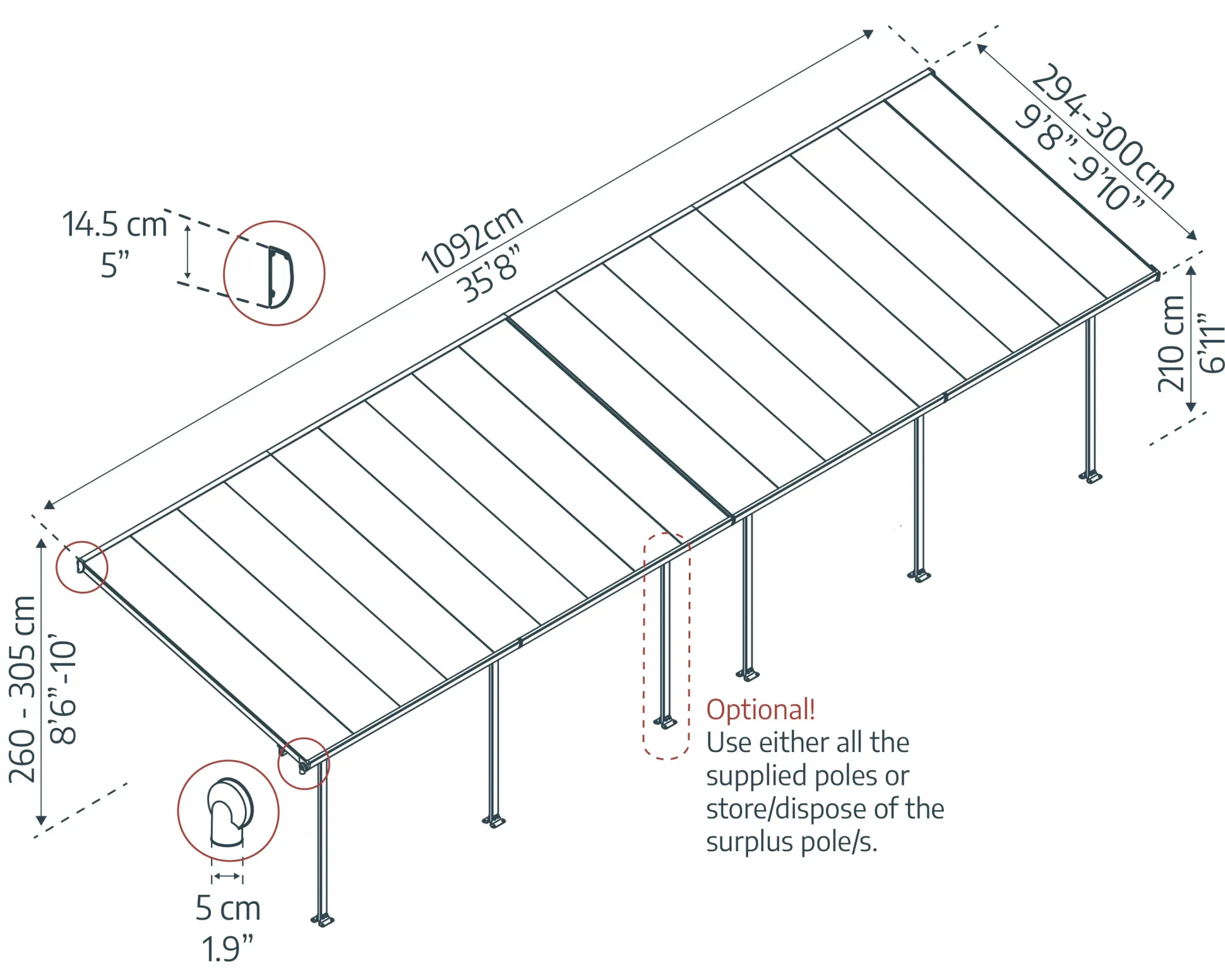 Canopia Terrassendach 1092 x 300 cm grau