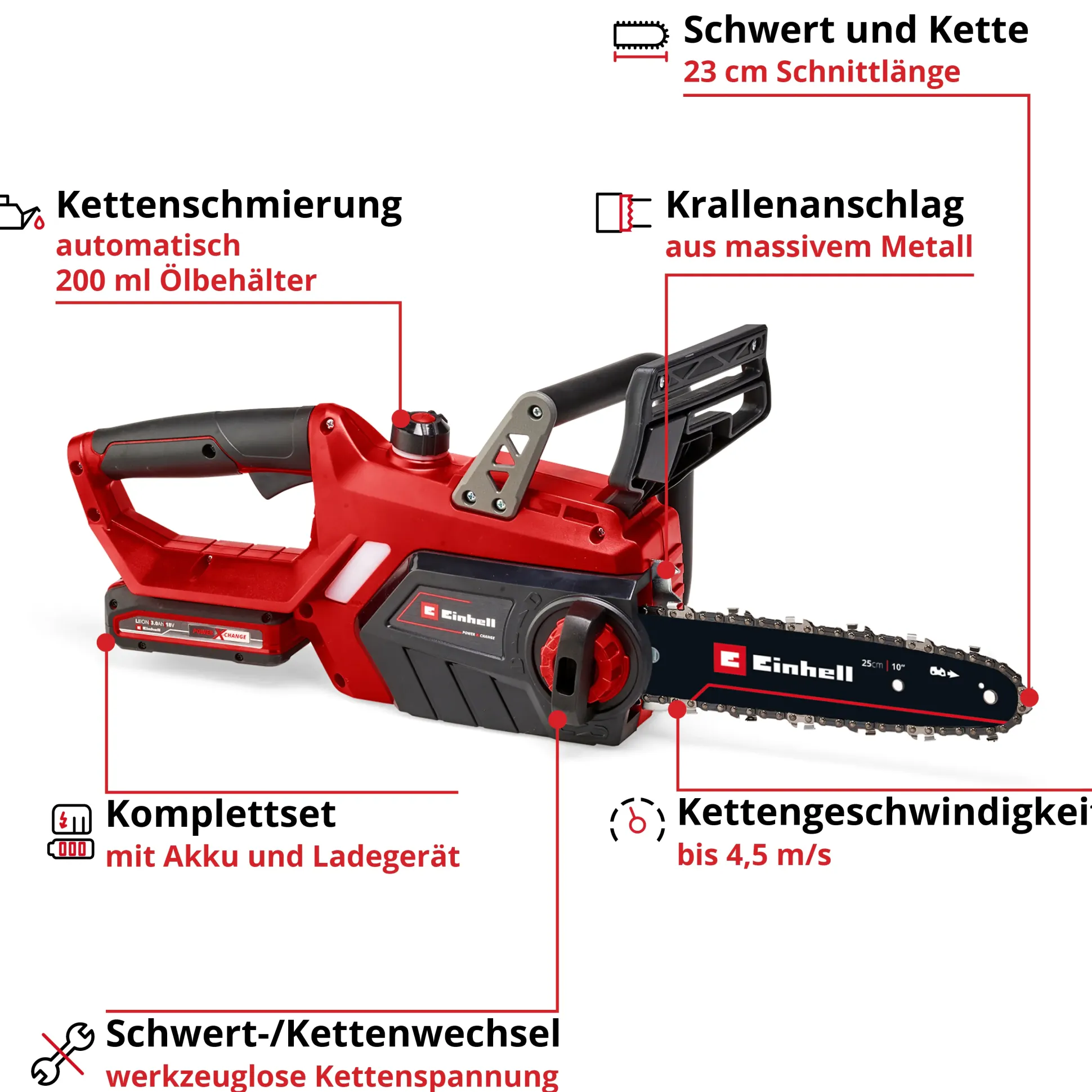 Einhell Akku-Kettensäge GE-LC 18/25-1 Li Kit 25 cm Schwertlänge mit 3,0 Ah Akku