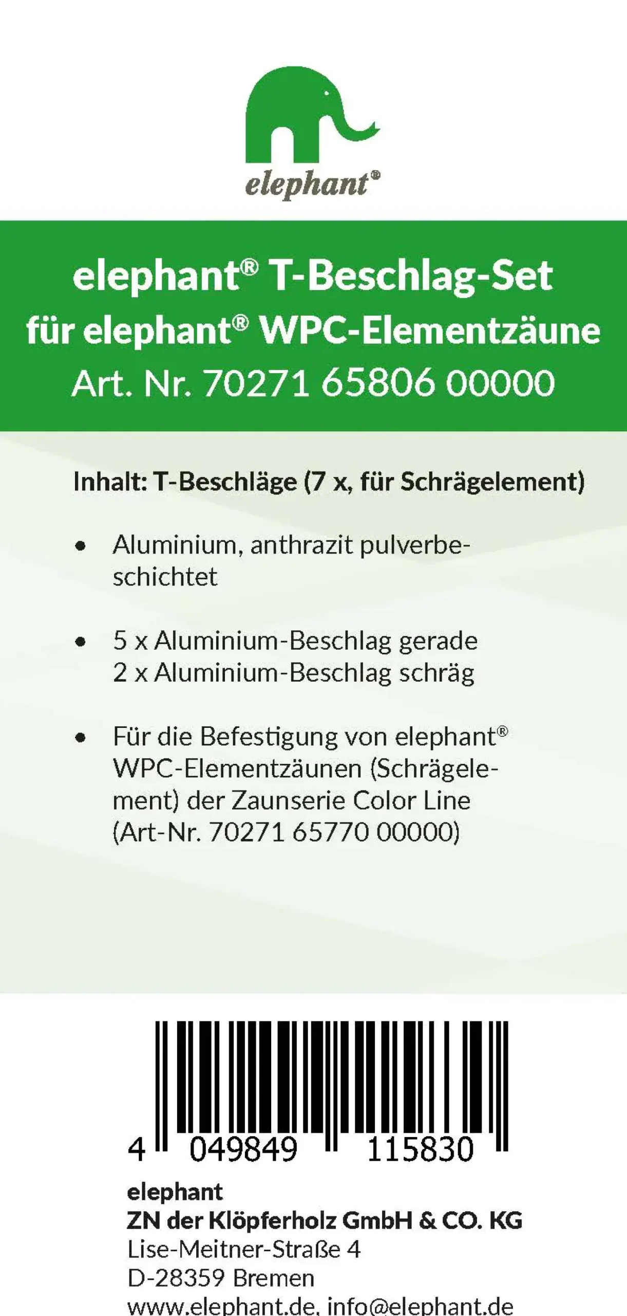 elephant T-Beschlagset Color Line Schrägelement anthrazit 7 Stück