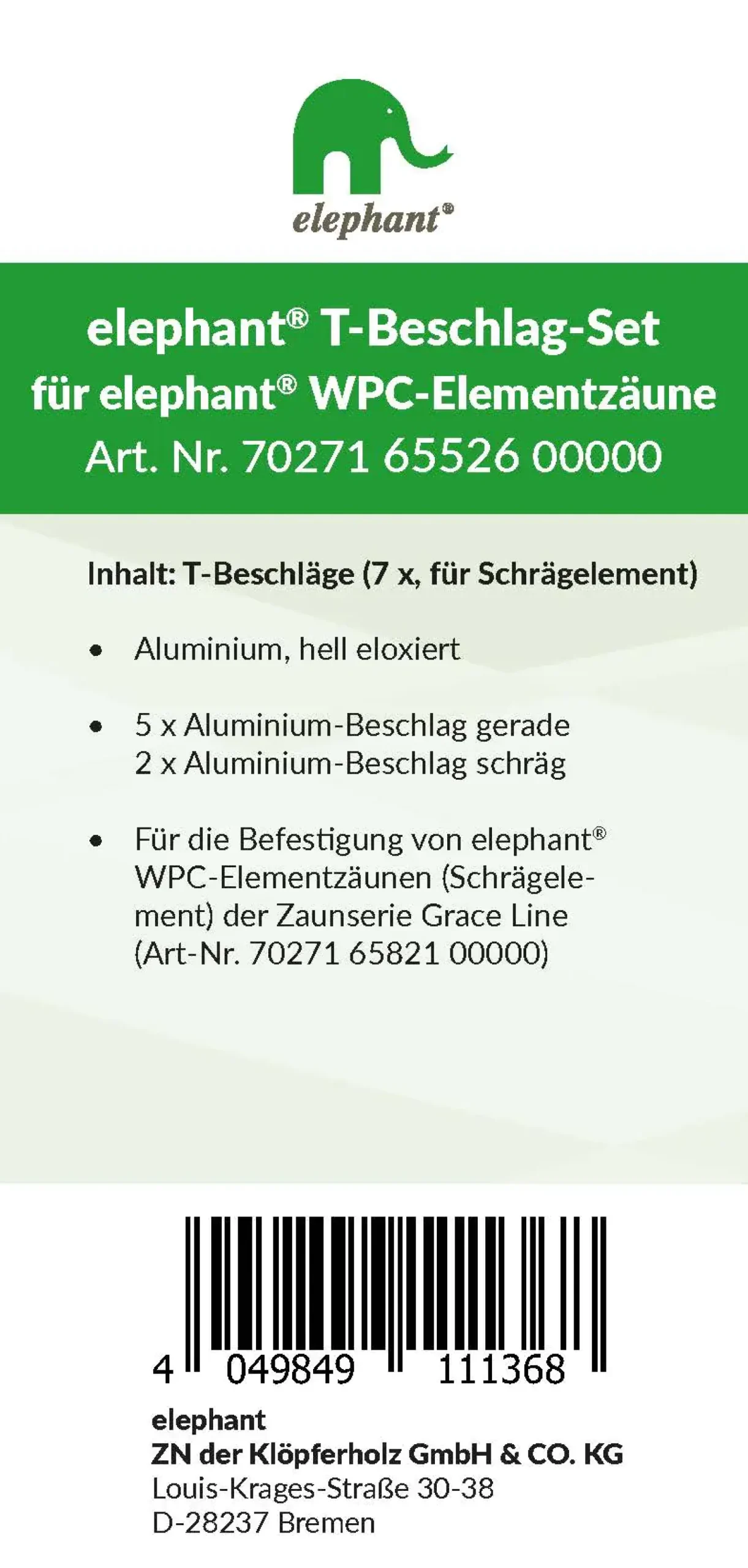 elephant T-Beschlagset Grace Line Grund-/Schmalelement eloxiert 7 Stück