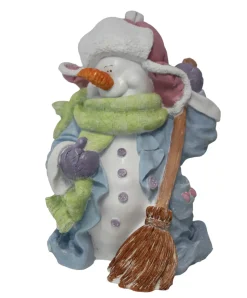 Figur Schneemann mit Besen groß, Polyresin 67 x 50 x 50 cm pastell