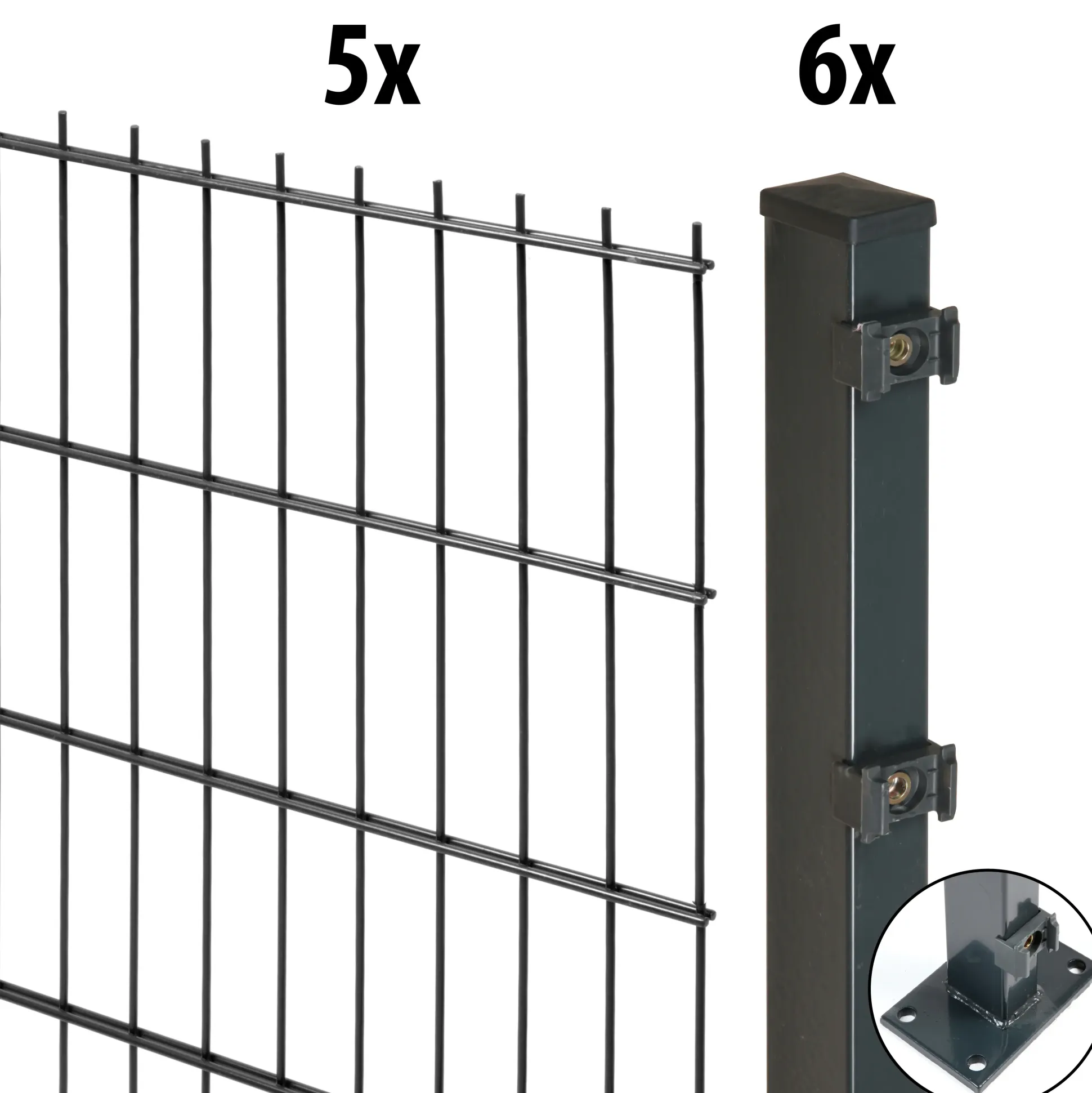 Floraworld Doppelstabmatten-Zaun Set Comfort 10 m 201 x 123 cm mit Bodenplatte & 6 Pfosten 129,3 cm anthrazit