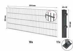 Floraworld Doppelstabmatten-Zaun Set Comfort 20 m 201 x 83 cm mit Bodenplatte & 11 Pfosten 89 cm anthrazit