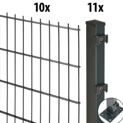 Floraworld Doppelstabmatten-Zaun Set Comfort 20 m 201 x 163 cm mit Bodenplatte & 11 Pfosten 169 cm anthrazit