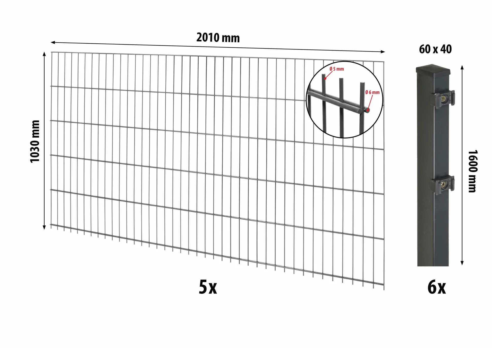 Floraworld Doppelstabmatten-Zaun Set Comfort 10 m 201 x 103 cm inkl. 6 Pfosten 160 cm anthrazit