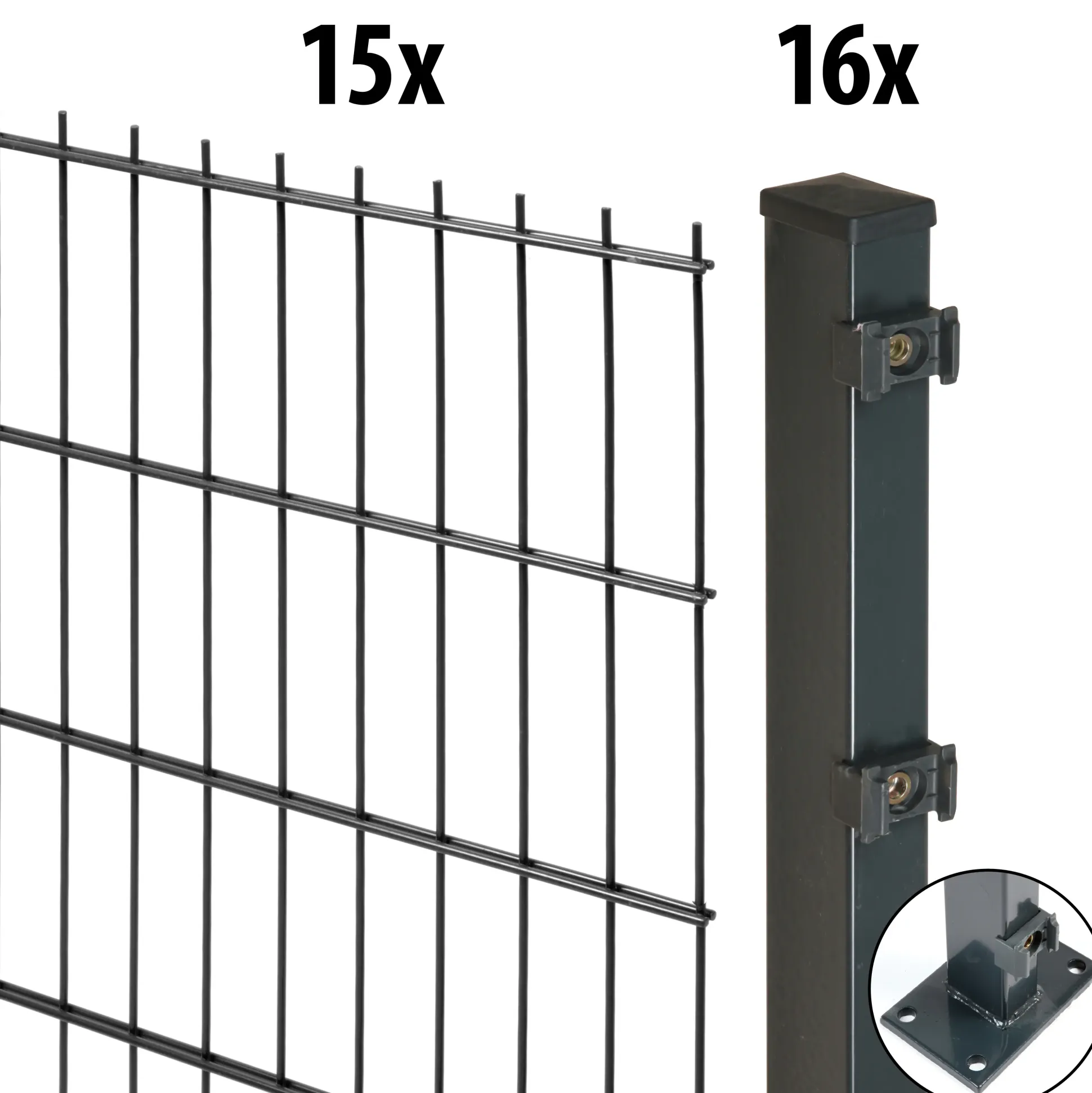 Floraworld Doppelstabmatten-Zaun Set Comfort 30 m 201 x 103 cm mit Bodenplatte & 16 Pfosten 109 cm anthrazit