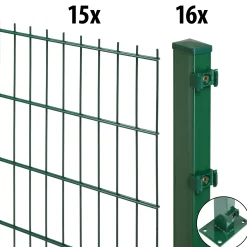 Floraworld Doppelstabmatten-Zaun Set Comfort 30 m 201 x 83 cm mit Bodenplatte & 16 Pfosten 89 cm moosgrün