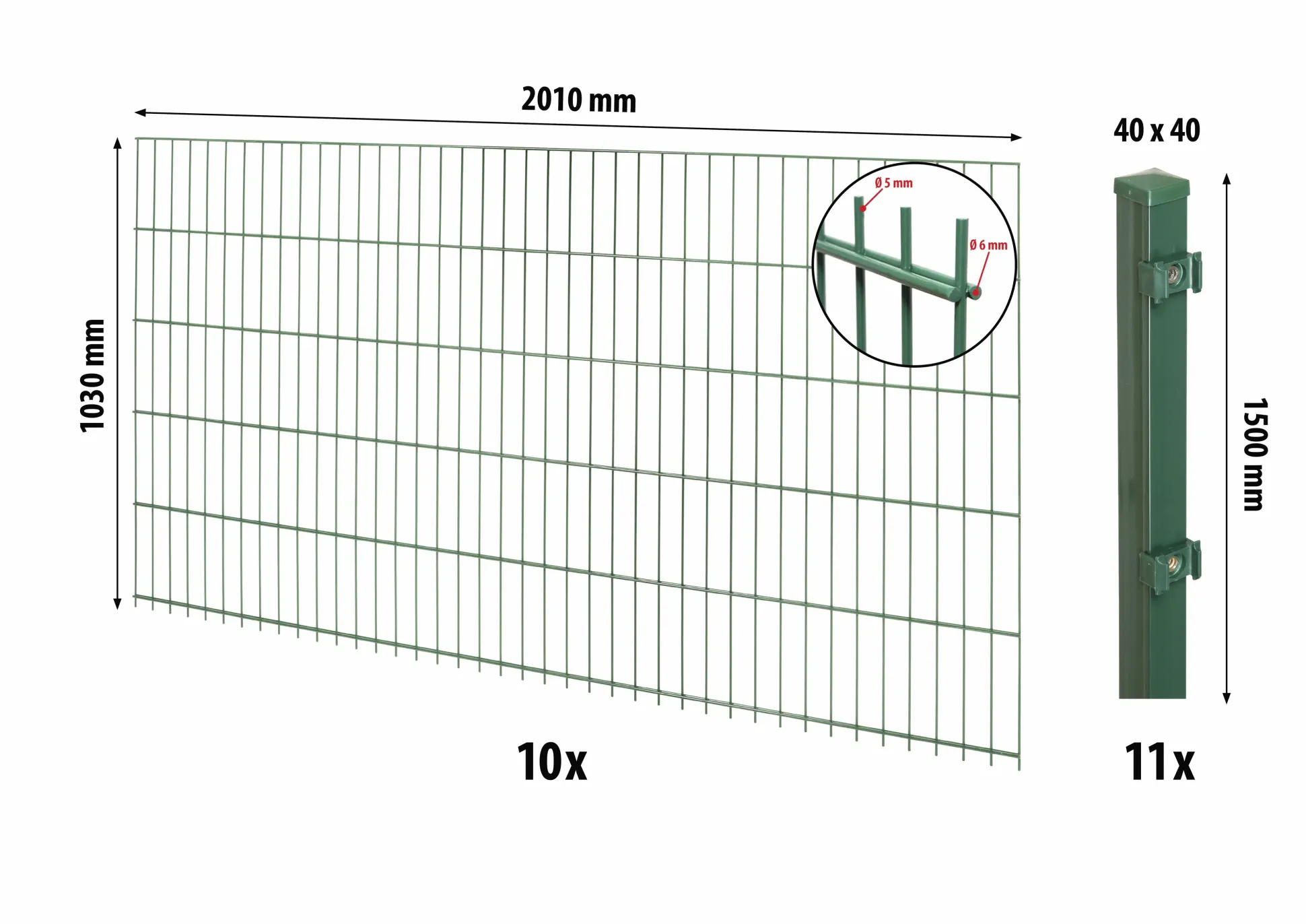 Floraworld Doppelstabmatten-Zaun Set Comfort 20 m 201 x 103 cm inkl. 11 Pfosten 150 cm moosgrün