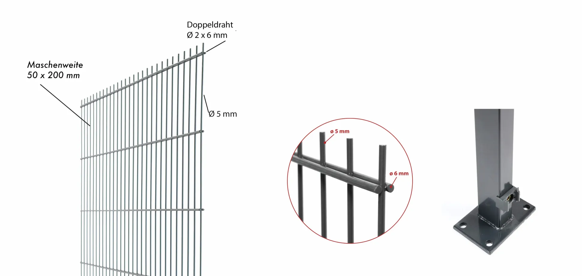 Floraworld Doppelstabmatten-Zaun Set Comfort 10 m 201 x 103 cm mit Bodenplatte & 6 Pfosten 109 cm anthrazit