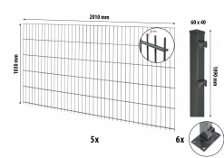 Floraworld Doppelstabmatten-Zaun Set Comfort 10 m 201 x 103 cm mit Bodenplatte & 6 Pfosten 109 cm anthrazit