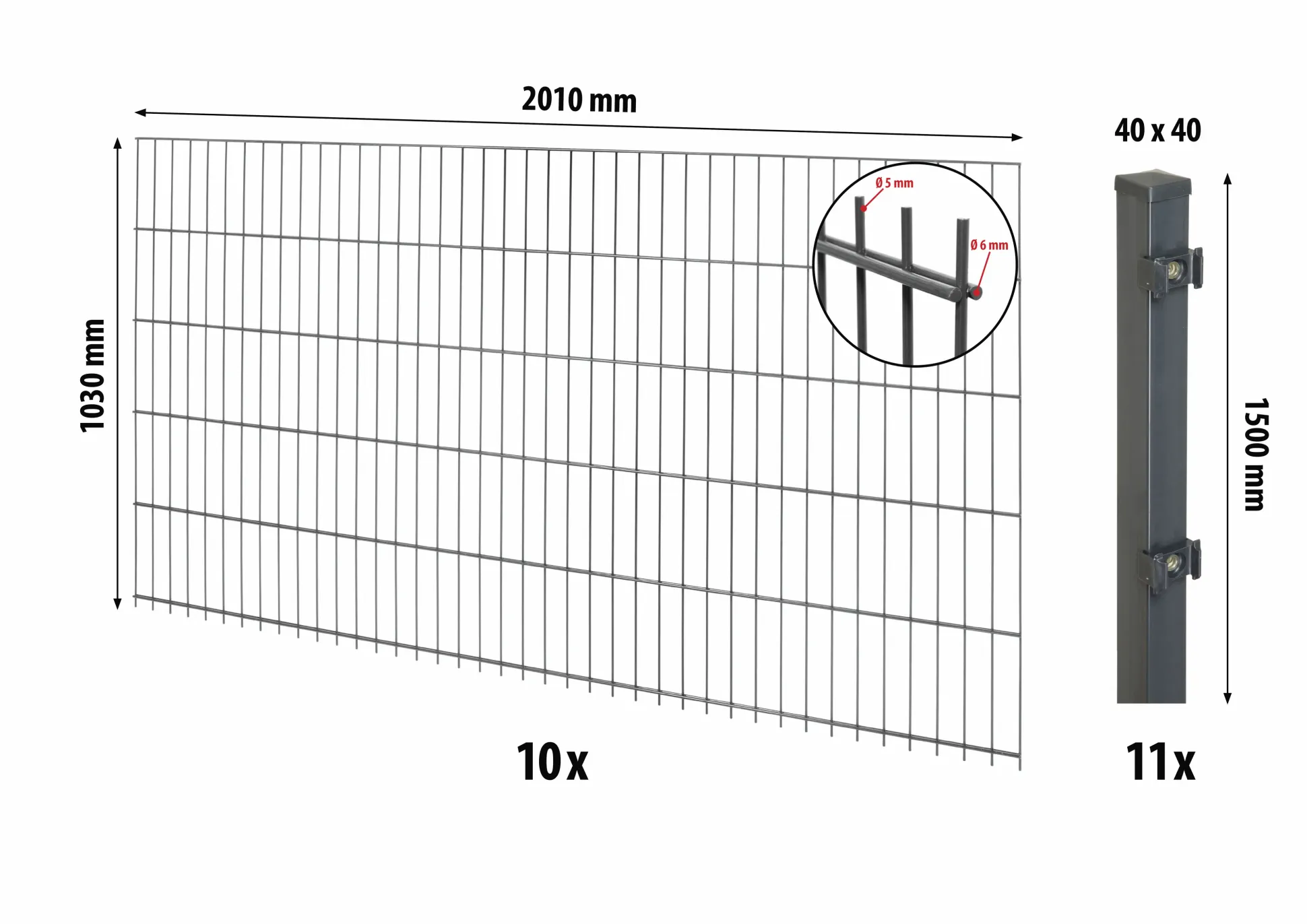 Floraworld Doppelstabmatten-Zaun Set Comfort 20 m 201 x 103 cm inkl. 11 Pfosten 150 cm anthrazit