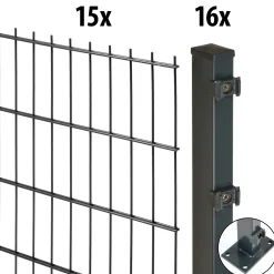 Floraworld Doppelstabmatten-Zaun Set Comfort 30 m 201 x 83 cm mit Bodenplatte & 16 Pfosten 89 cm anthrazit