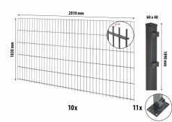 Floraworld Doppelstabmatten-Zaun Set Comfort 20 m 201 x 103 cm mit Bodenplatte & 11 Pfosten 109 cm anthrazit