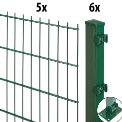 Floraworld Doppelstabmatten-Zaun Set Comfort 10 m 201 x 83 cm mit Bodenplatte & 6 Pfosten 89,3 cm moosgrün
