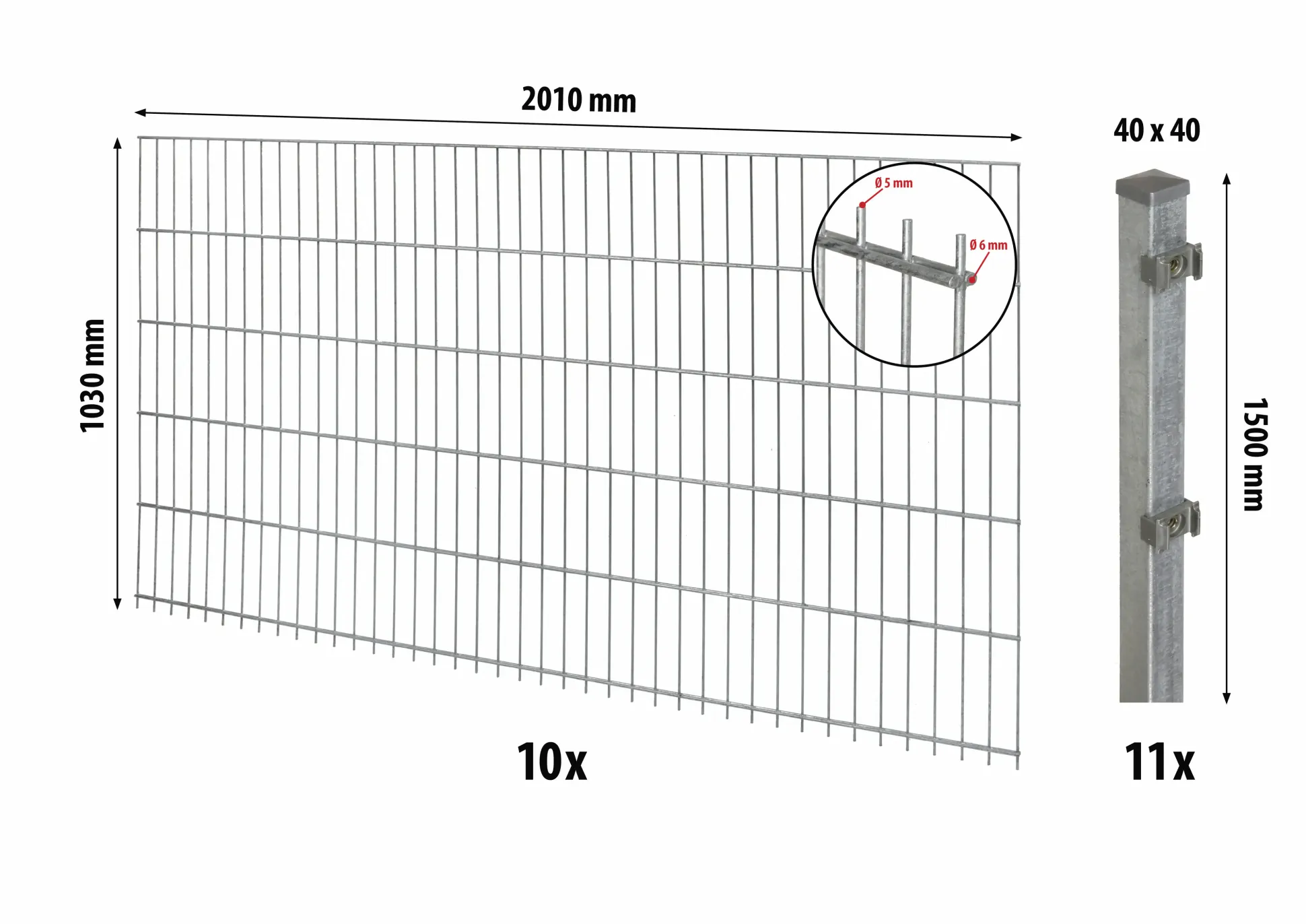 Floraworld Doppelstabmatten-Zaun Set Comfort 20 m 201 x 103 cm inkl. 11 Pfosten 150 cm feuerverzinkt