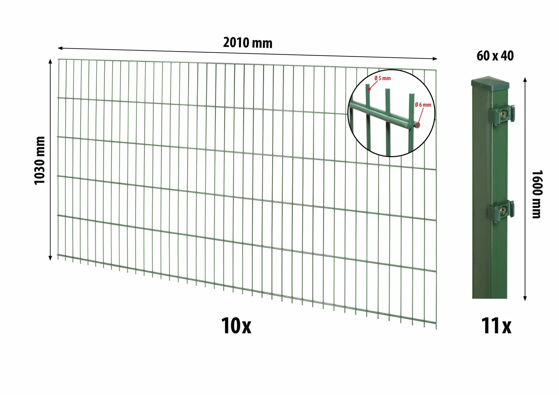 Floraworld Doppelstabmatten-Zaun Set Comfort 20 m 201 x 103 cm inkl. 11 Pfosten 160 cm moosgrün