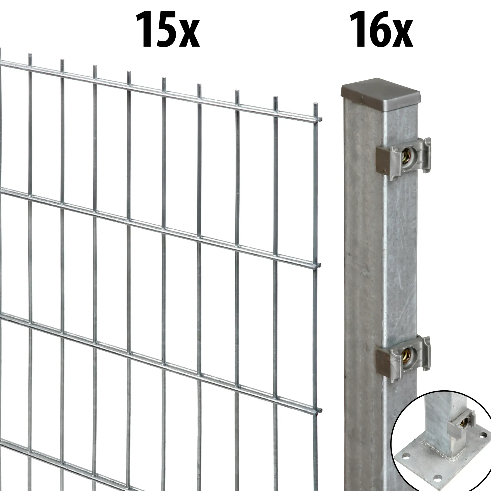 Floraworld Doppelstabmatten-Zaun Set Comfort 30 m 201 x 123 cm mit Bodenplatte & 16 Pfosten 129 cm feuerverzinkt
