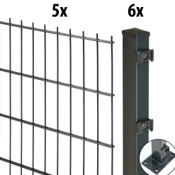 Floraworld Doppelstabmatten-Zaun Set Comfort 10 m 201 x 143 cm mit Bodenplatte & 6 Pfosten 149,3 cm anthrazit