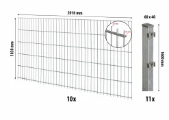 Floraworld Doppelstabmatten-Zaun Set Comfort 20 m 201 x 103 cm inkl. 11 Pfosten 160 cm feuerverzinkt
