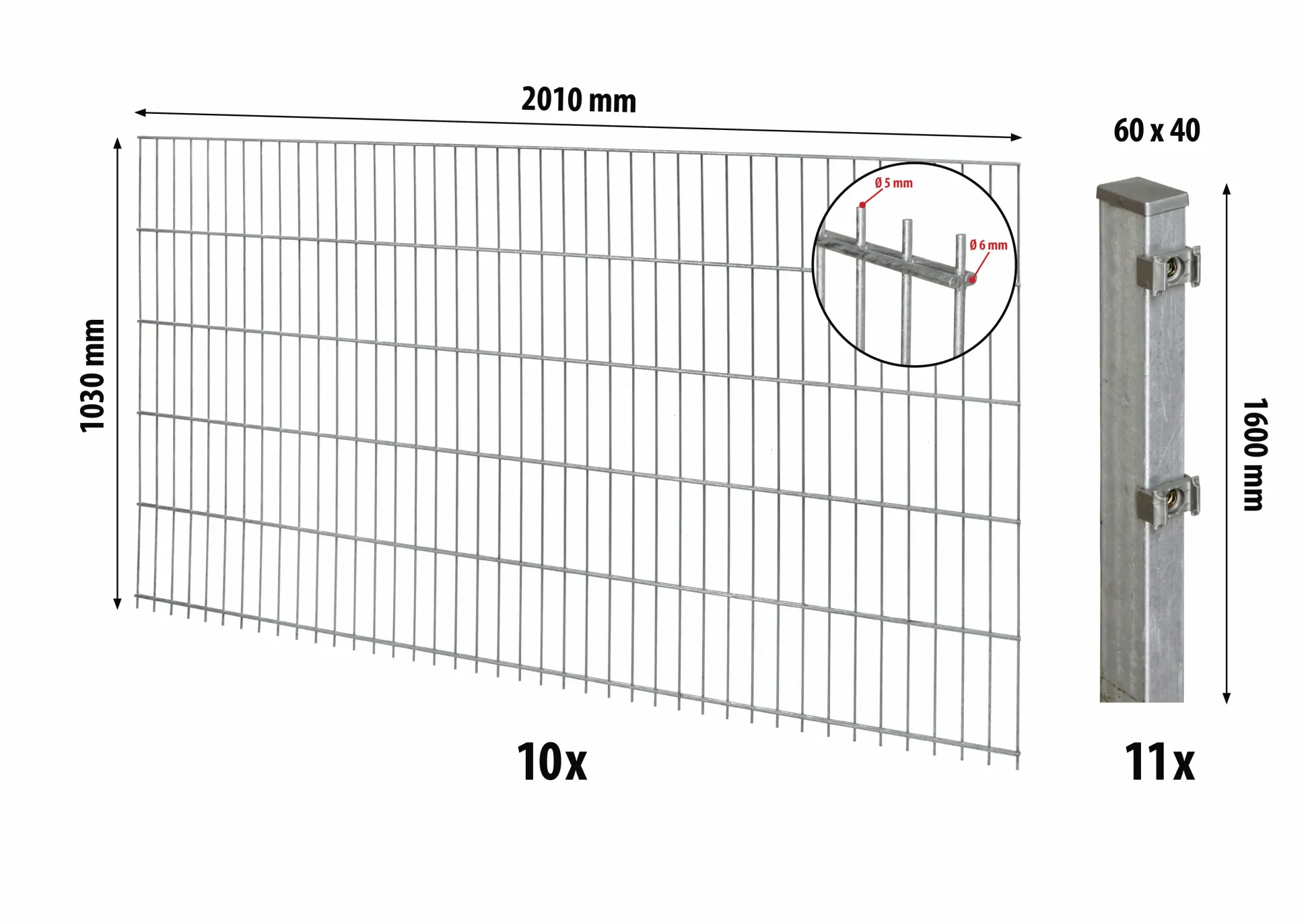 Floraworld Doppelstabmatten-Zaun Set Comfort 20 m 201 x 103 cm inkl. 11 Pfosten 160 cm feuerverzinkt