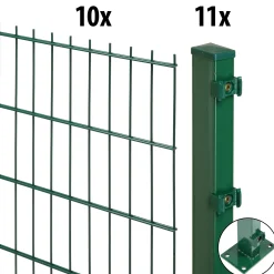 Floraworld Doppelstabmatten-Zaun Set Comfort 20 m 201 x 83 cm mit Bodenplatte & 11 Pfosten 89 cm moosgrün