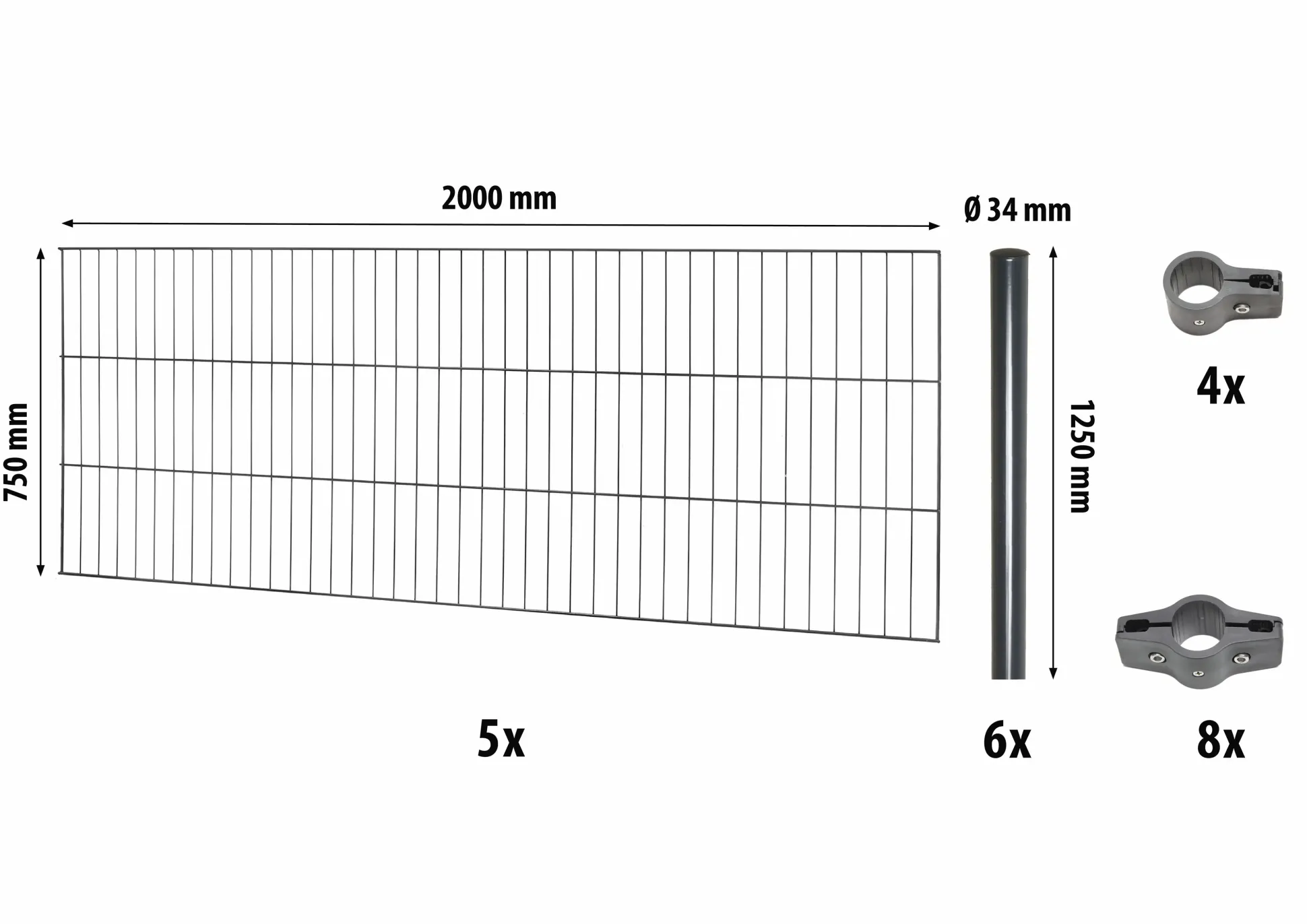 Floraworld Einstabmatten-Zaun Set Classic 10 m 200 x 75 cm inkl. 6 Pfosten 125 cm anthrazit