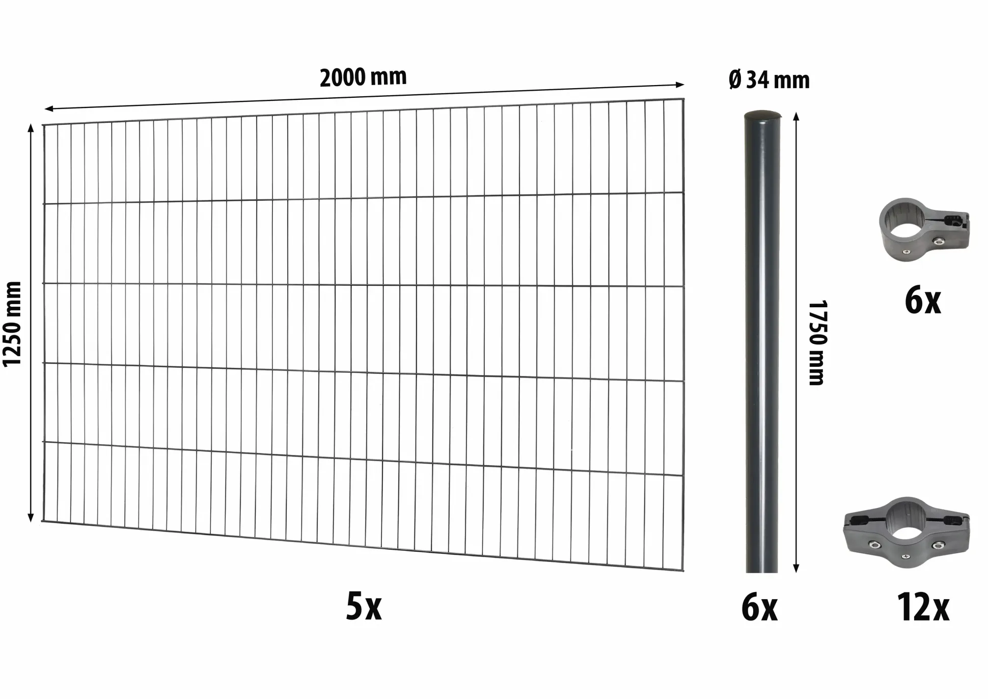 Floraworld Einstabmatten-Zaun Set Classic 10 m 200 x 125 cm inkl. 6 Pfosten 175 cm anthrazit