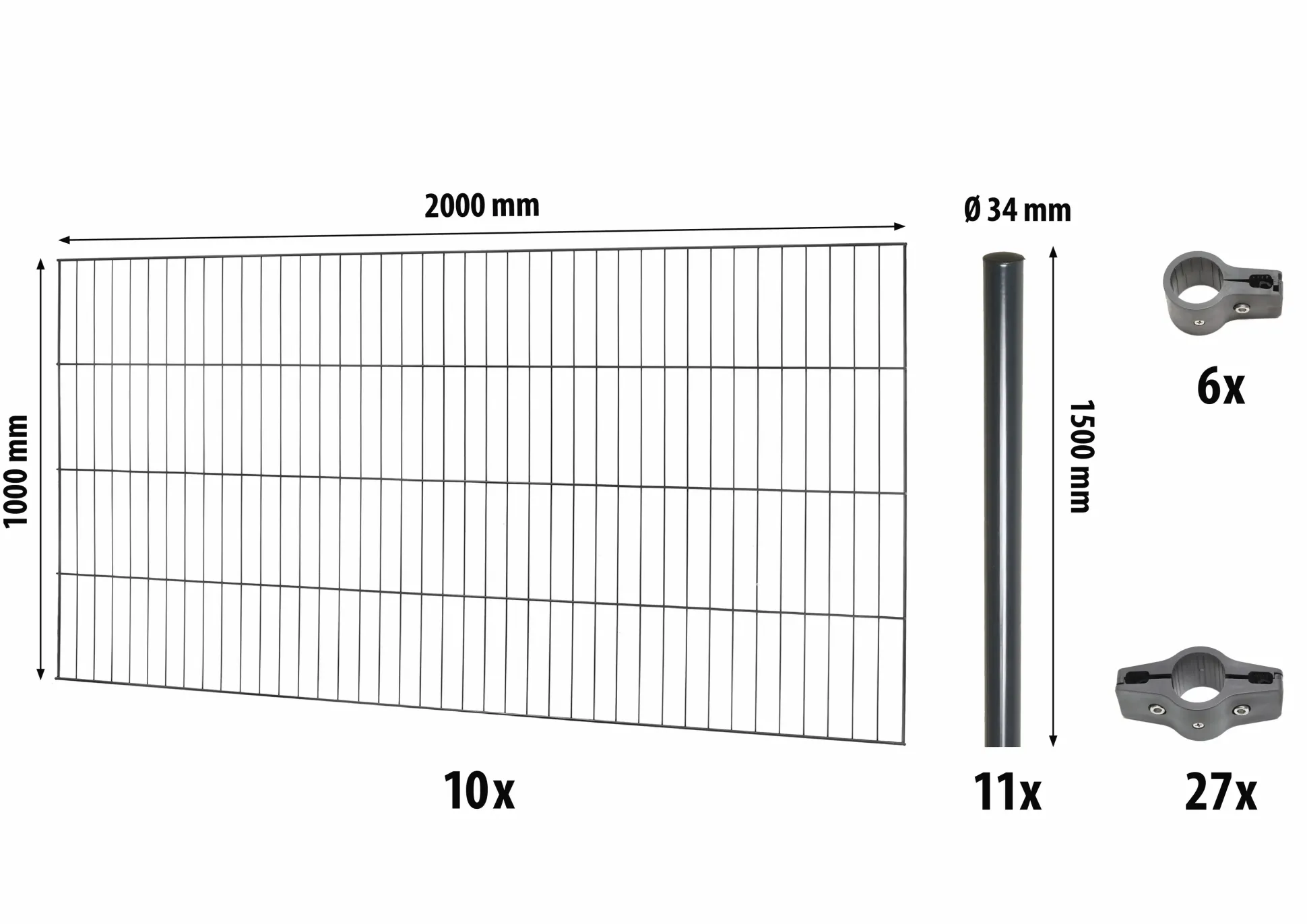 Floraworld Einstabmatten-Zaun Set Classic 20 m 200 x 100 cm inkl. 11 Pfosten 150 cm anthrazit