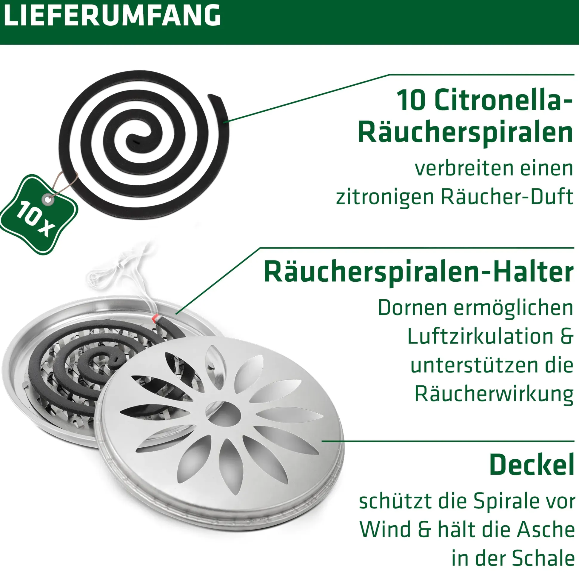 Gardigo Citronella-Räucher Set Räucherspirale mit Räucherschale
