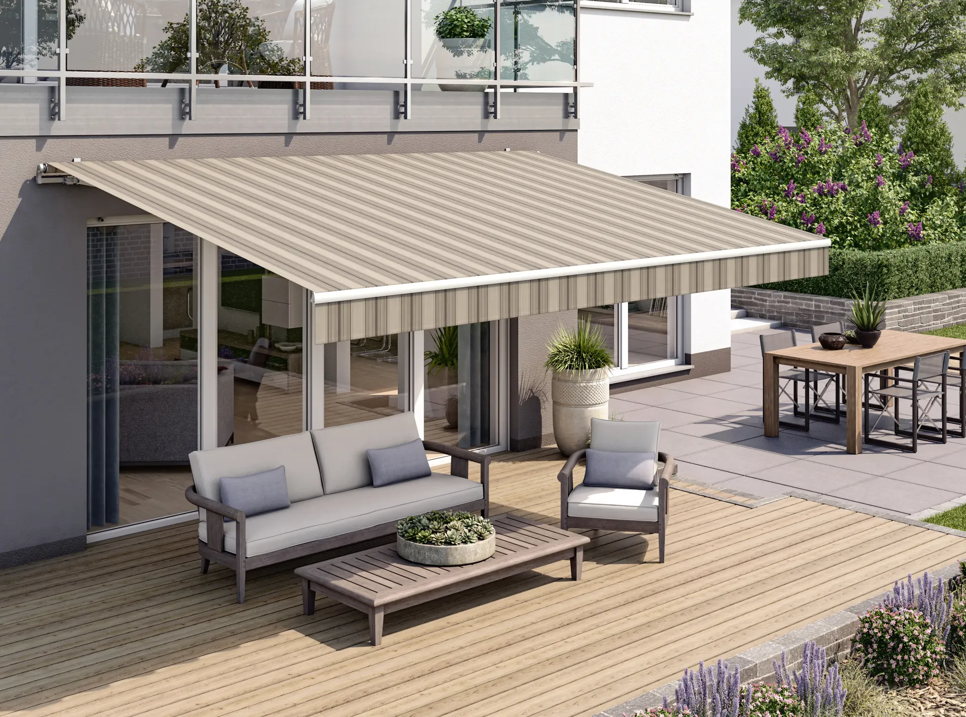 Gelenkarmmarkise Classic beige-braun gestreift inkl. Motor, Handsender, Solar Panel