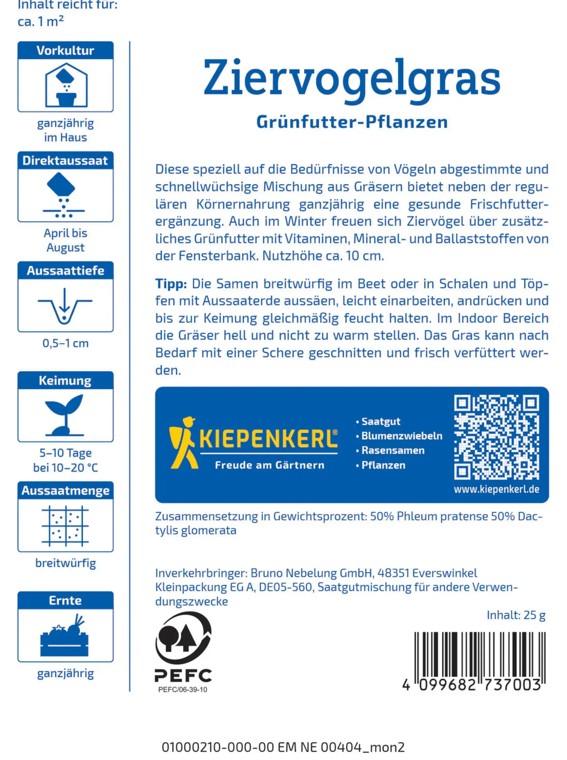 Kiepenkerl Rasensamen Ziervogelgras Frischgrün Mischung für ca. 1 m²