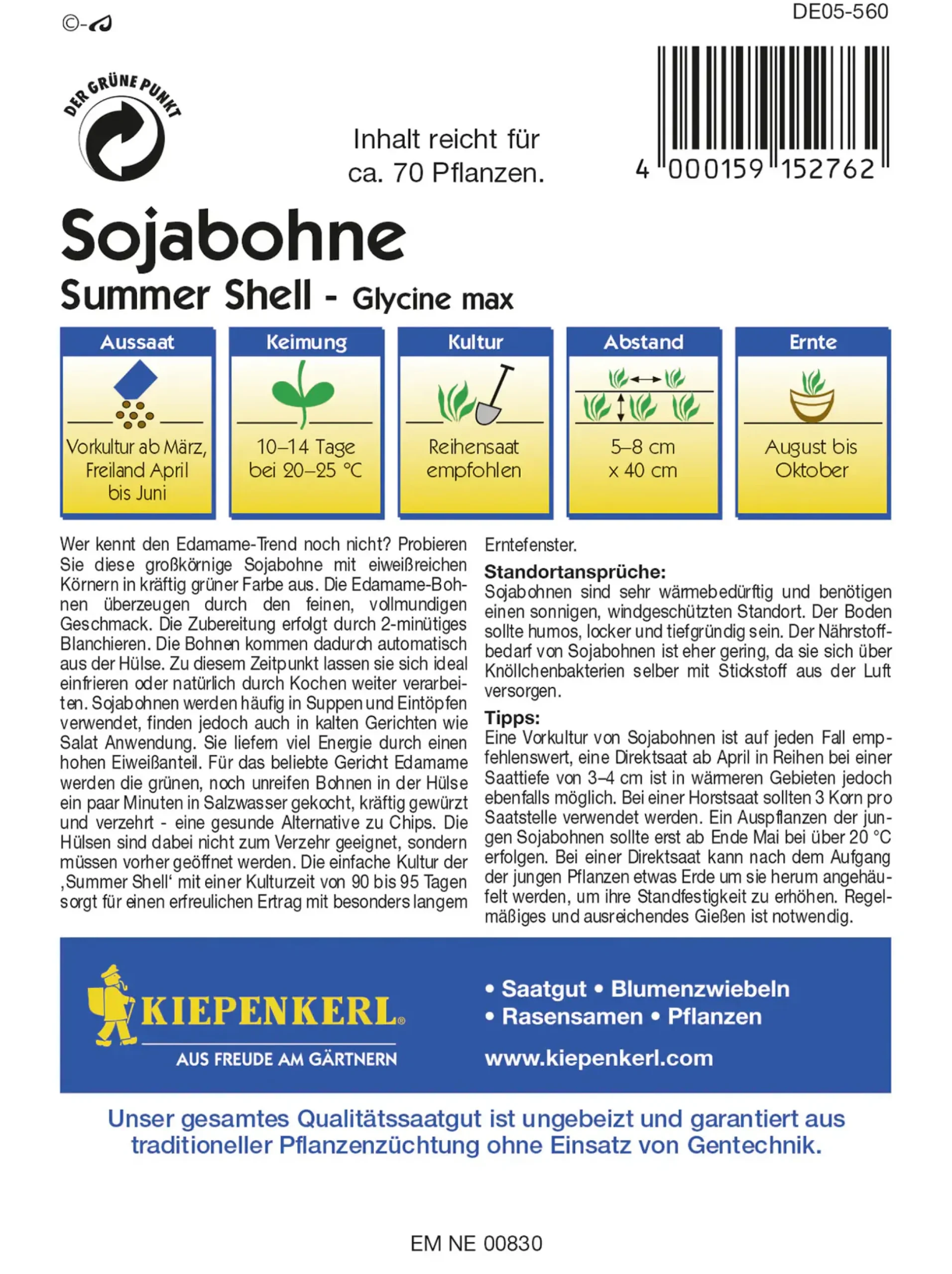 Kiepenkerl Sojabohne Summer Shell Inhalt reicht für ca. 40 Pflanzen
