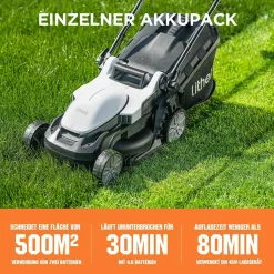 Litheli Akku-Rasenmäher U20 20V, 33cm Schnittbreite, inkl. Akku 4.0Ah und USB-C Ladekabel