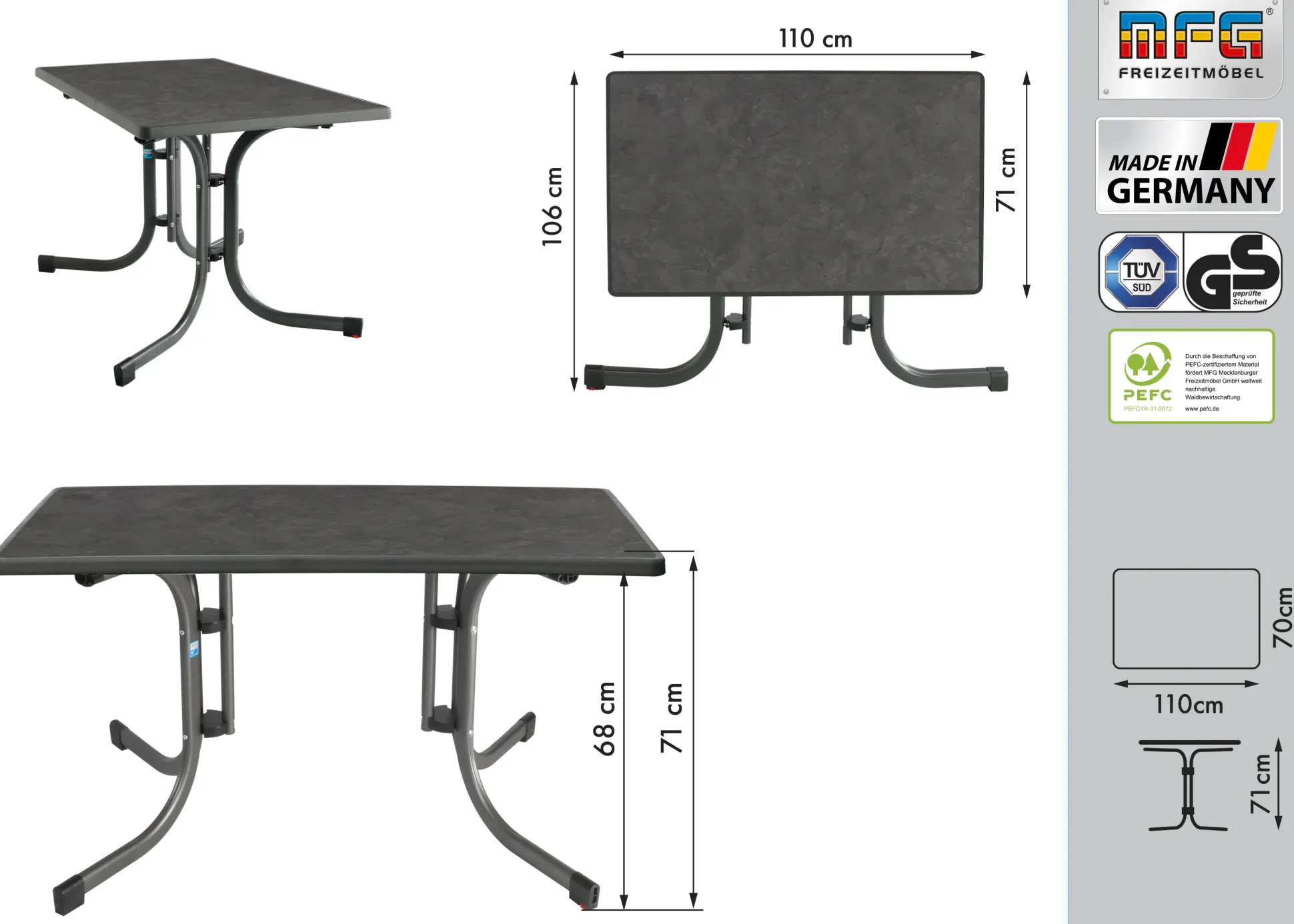 MFG Gartentisch wetterfest Stahl Boulevard 110 x 70 cm klappbar