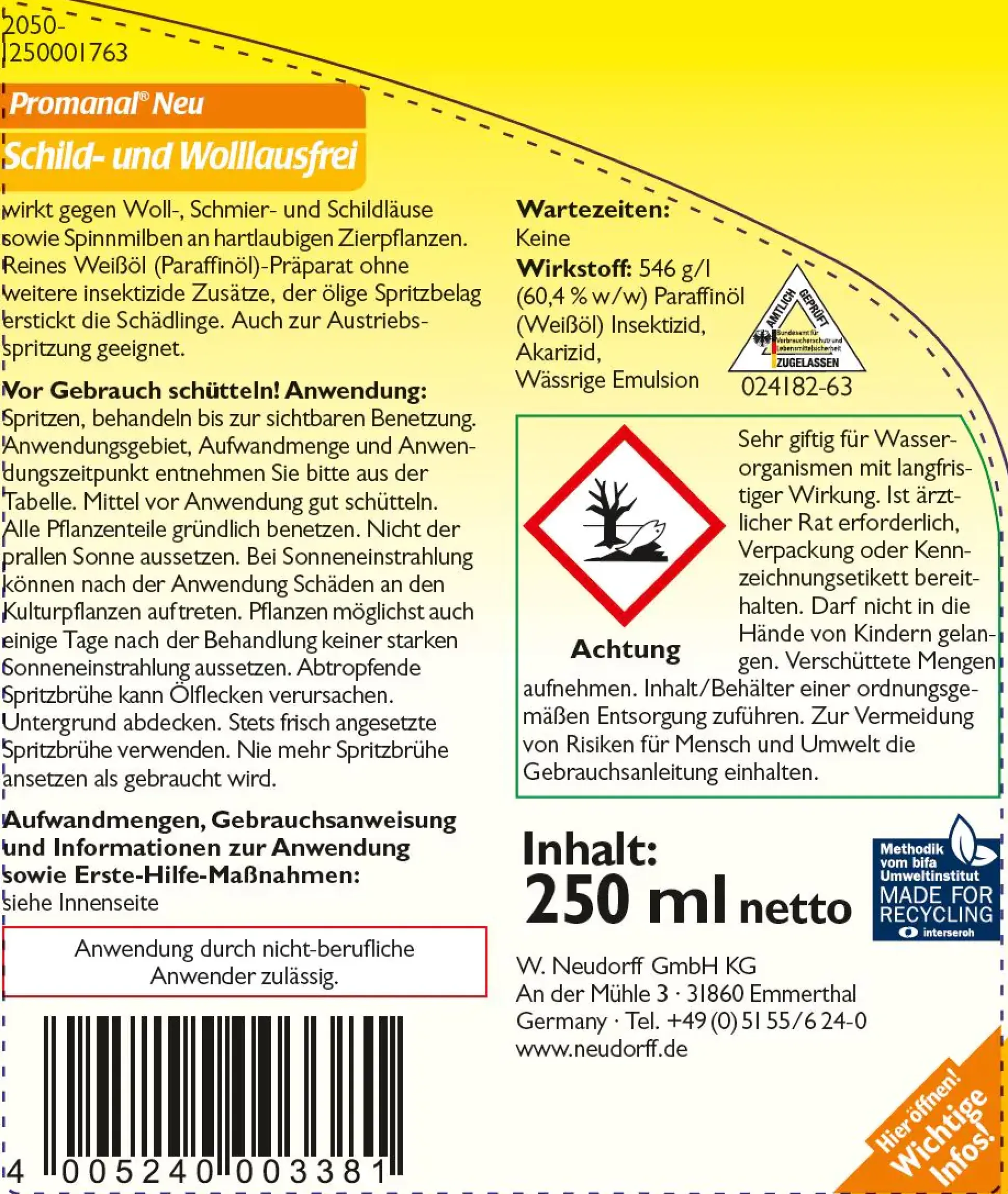 Neudorff Promanal Neu Schild- und Wolllausfrei 250ml