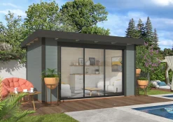Palmako Gartenhaus Lydia 385 x 291 cm mit Glasschiebetüren grau lackiert