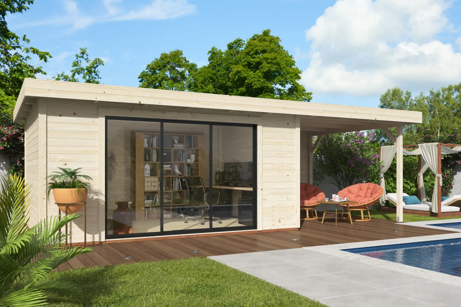 Palmako Gartenhaus Lydia 728 x 330 cm mit Schiebetüren naturbelassen