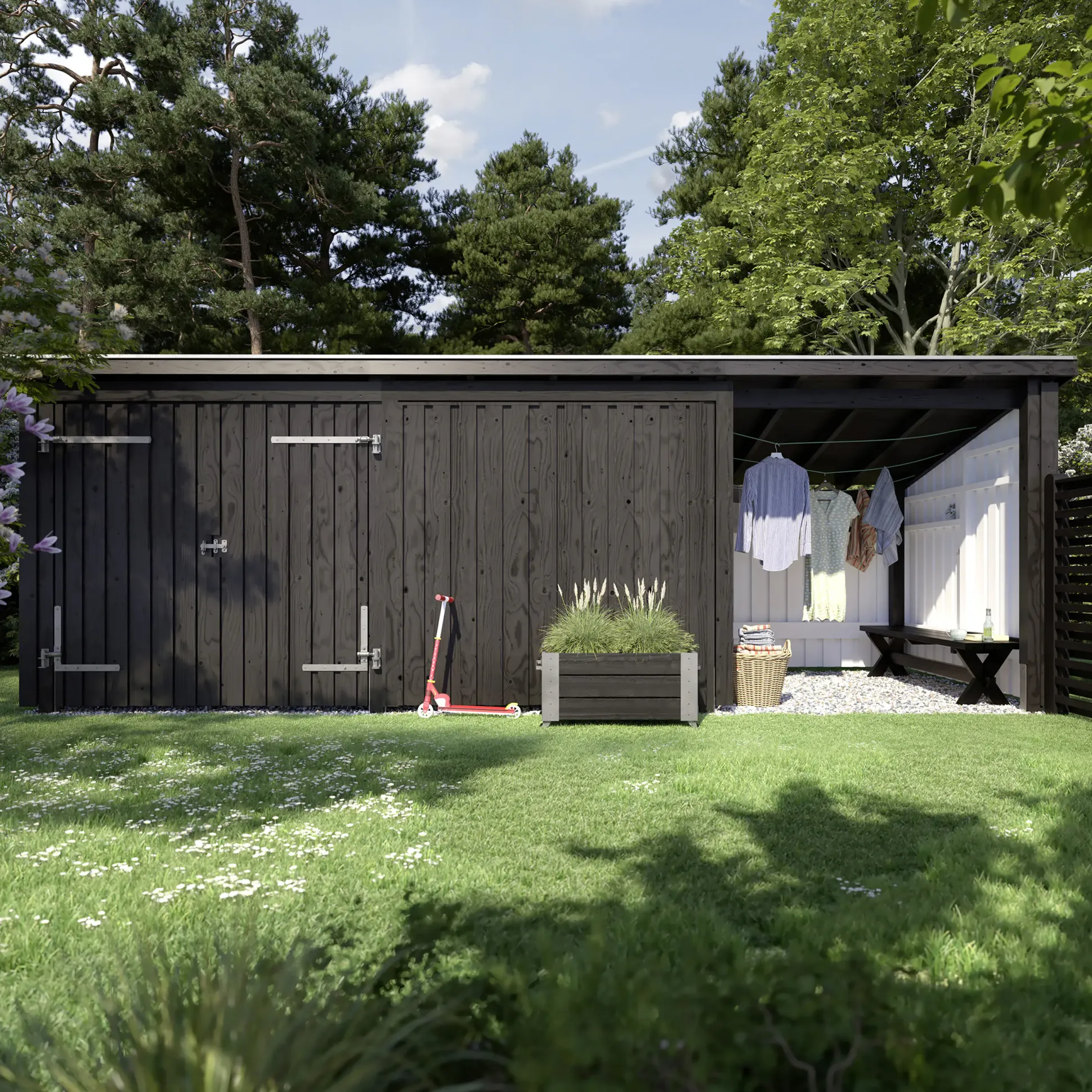 Plus Gartenhaus Nordic Multi 619 x 208 cm natur mit Doppeltür, Dachpappe