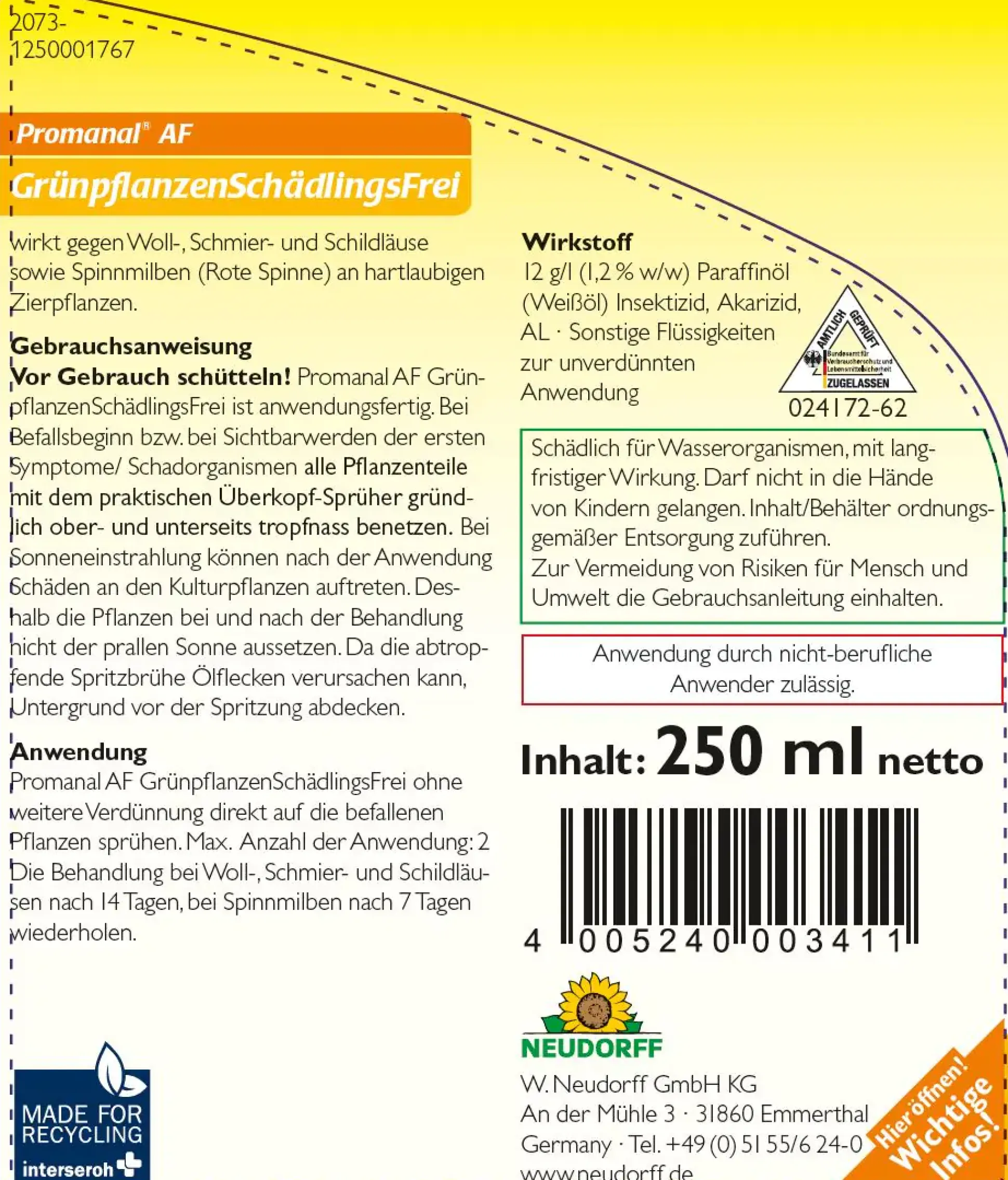 Promanal AF GrünpflanzenSchädlingsFrei 250 ml