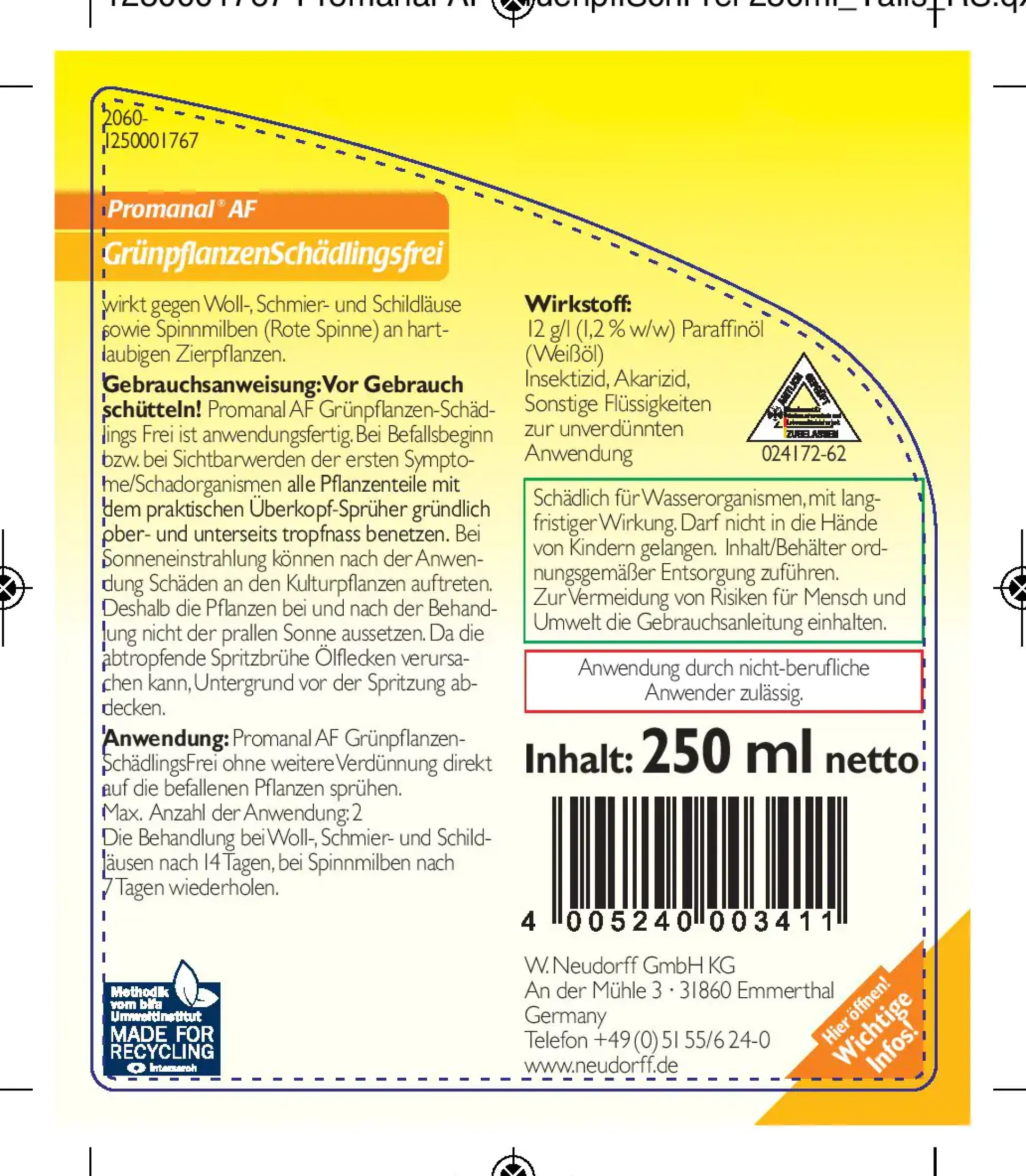 Promanal AF GrünpflanzenSchädlingsFrei 250 ml