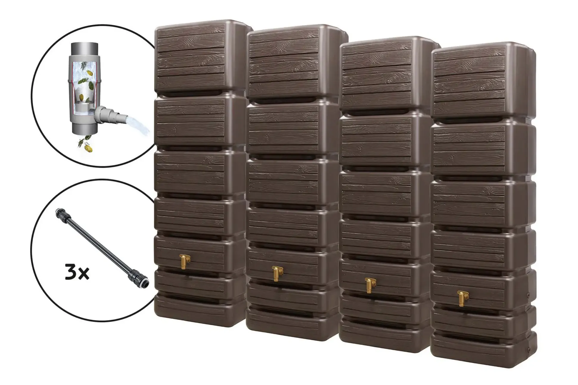 4rain Regentonne-Set Slim Wood Decor inkl. Zubehör Wandtank 1400 L darkwood 4 Stück