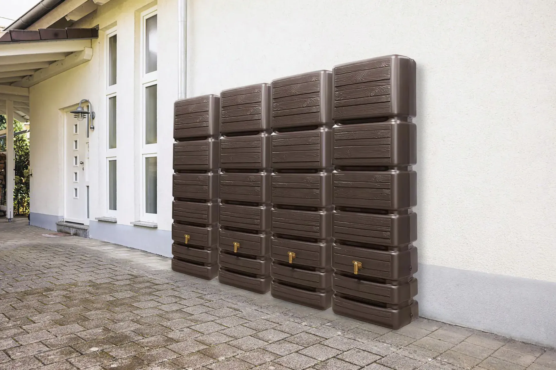 4rain Regentonne-Set Slim Wood Decor inkl. Zubehör Wandtank 1400 L darkwood 4 Stück