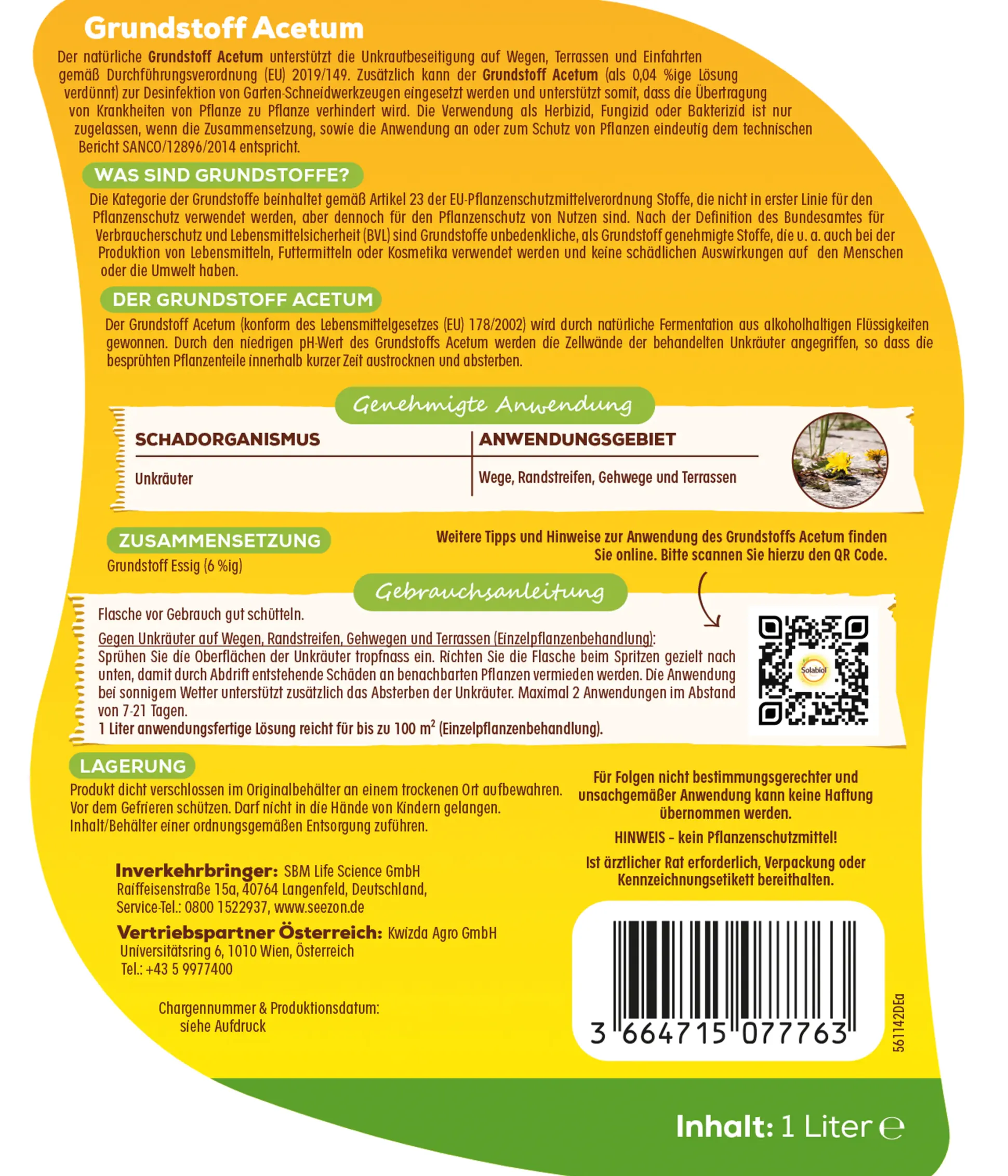 Solabiol Unkrautfrei Grundstoff Acetum Spray 1 L